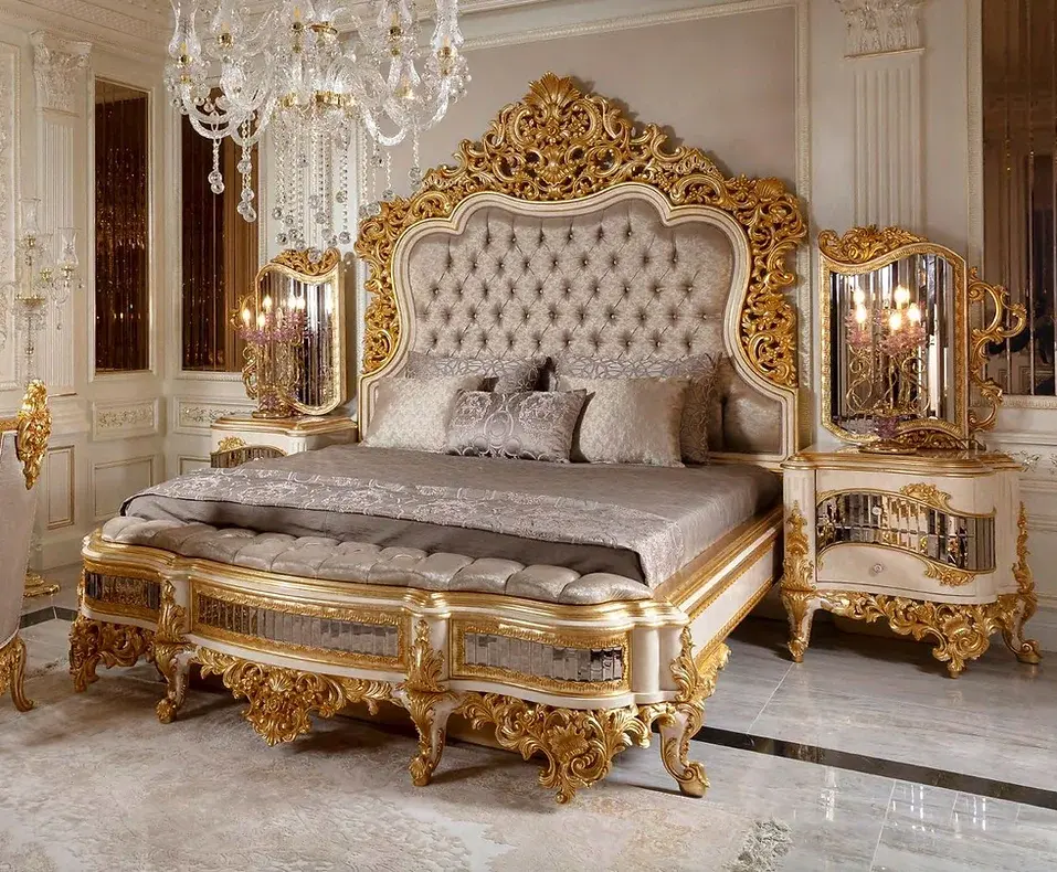 High end french antique bedroom furniture design carved solid wood Louvre classic king size bed set