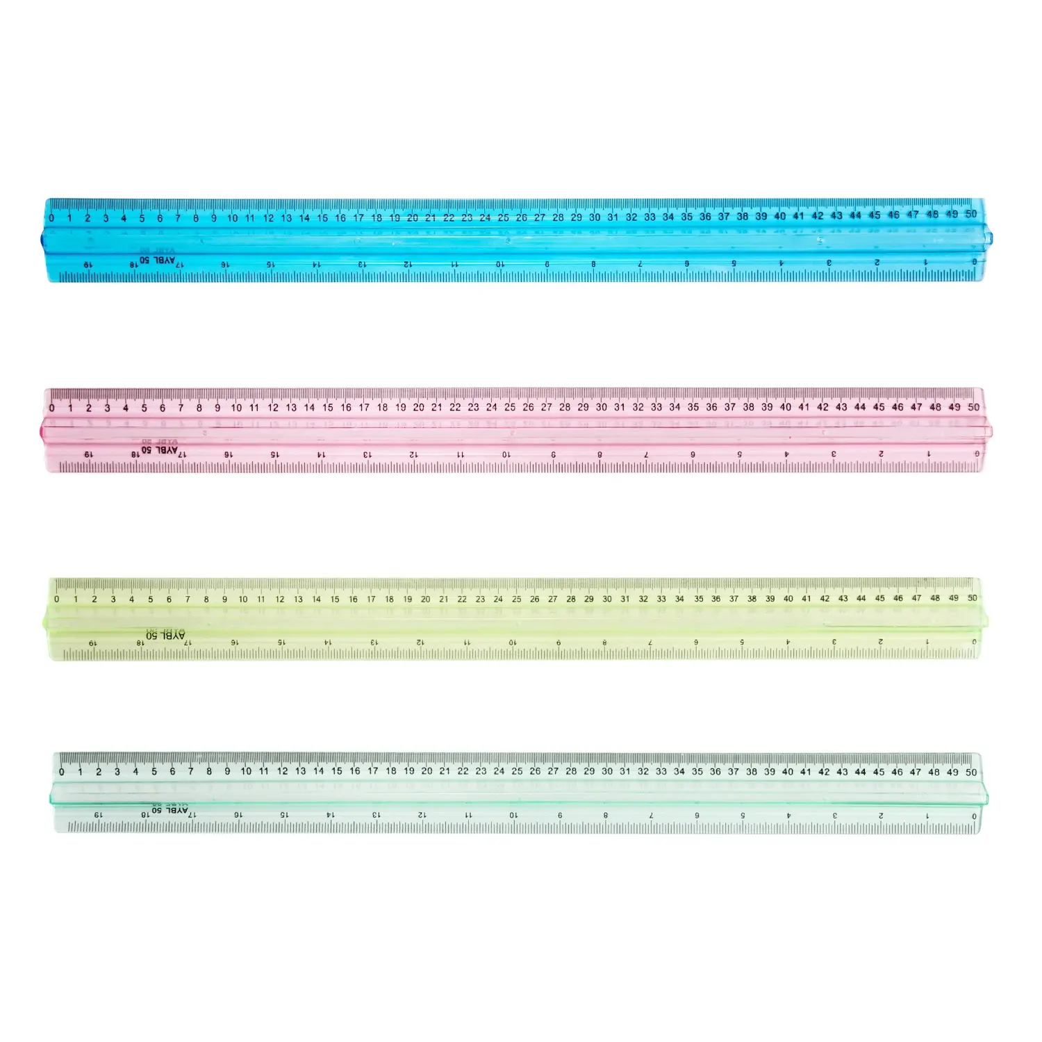 Regla colorida de plástico transparente de 50cm con pulgadas (20 pulgadas), regla métrica a granel de 4 colores con un mango para niños, escuela, Oficina