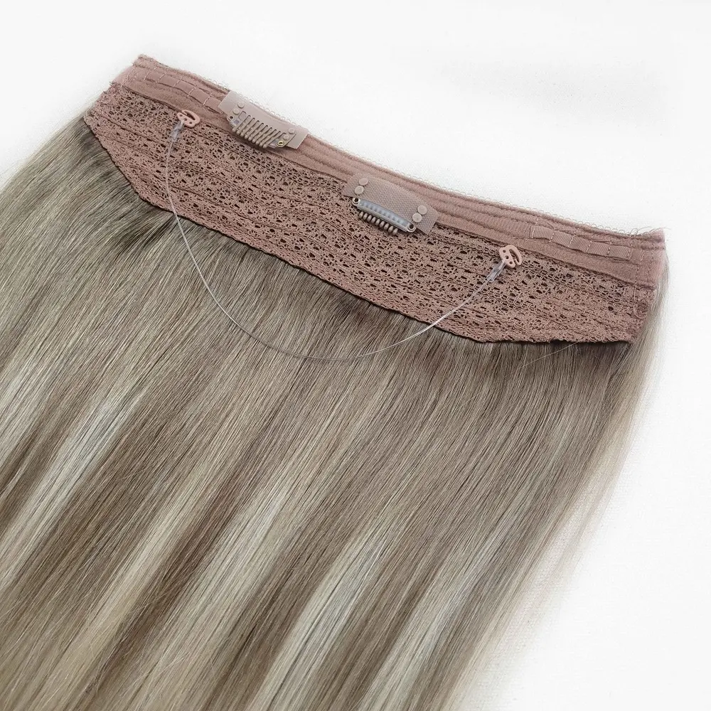Extensiones de cabello Natural Remy, accesorio de cabello humano de doble estiramiento, con cable de pescado elástico, Clip de una pieza