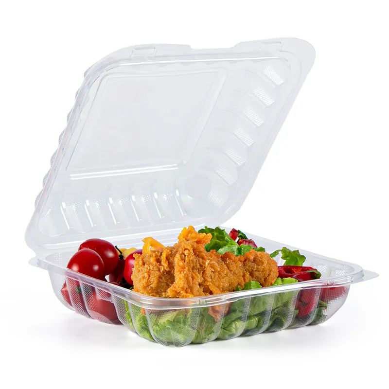 Caja de plástico desechable para llevar alimentos, recipiente transparente con bisagras de PP, 9x9 pulgadas, ecológico, 1 compartimiento