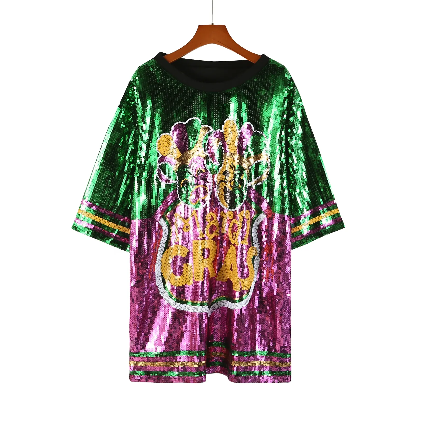 Custom Size Design Mardi Gras Dames Kleding Groothandel Queen Mardi Gras Pailletten Lange Streep T-Shirt Jurk