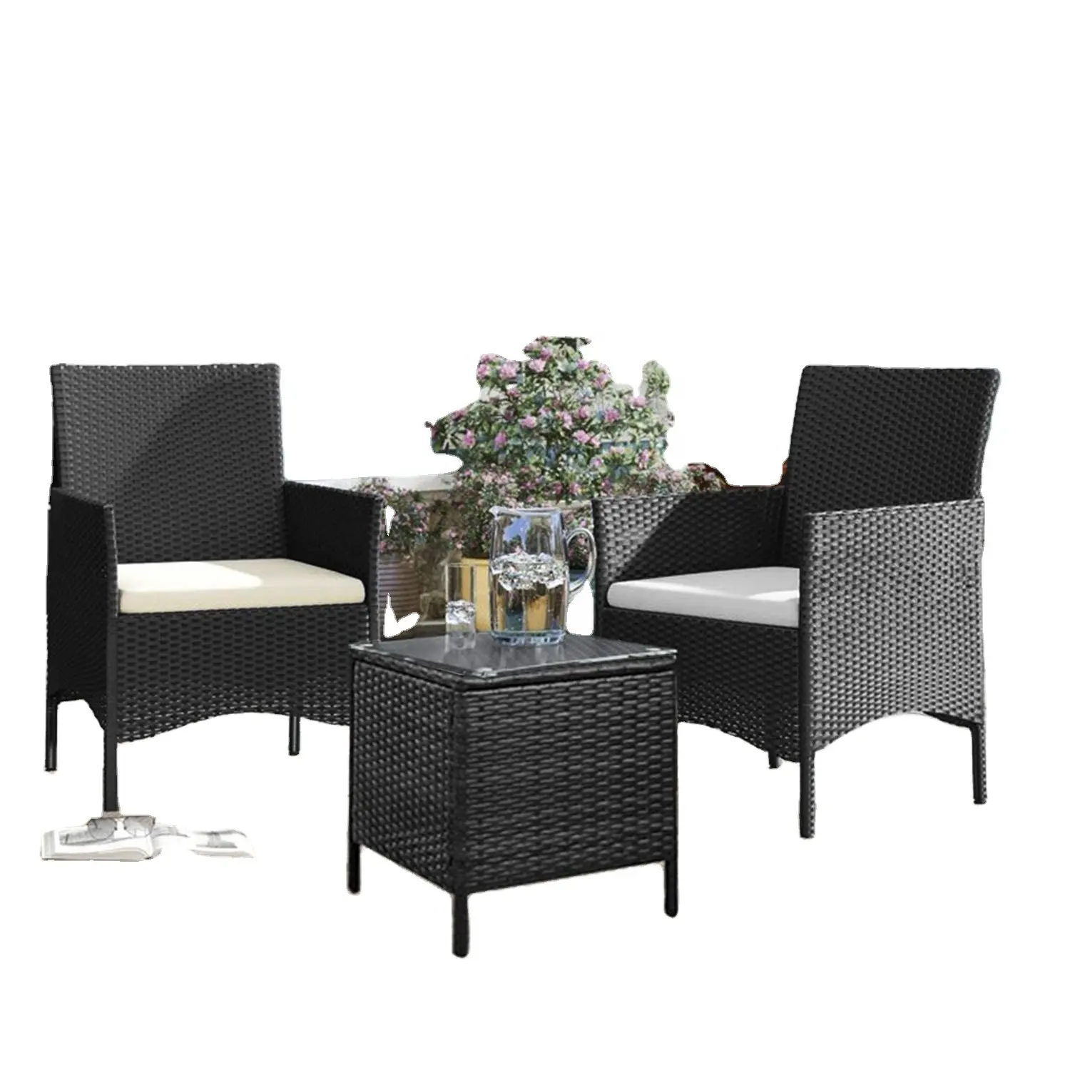 Conjunto de móveis para pátio, 5 peças, jardim em rattan com mesa de café de vidro, conjunto de mesa e cadeira varanda