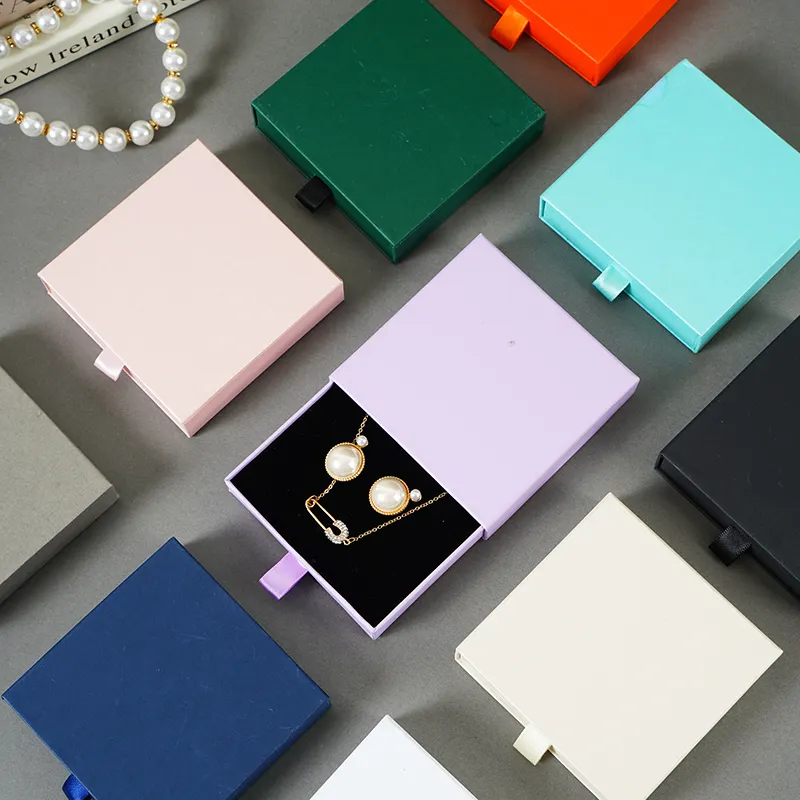Caja de cajón de papel con logotipo personalizado, accesorios de joyería, embalaje, color rosa y negro, pulsera, collar, pendientes, regalo
