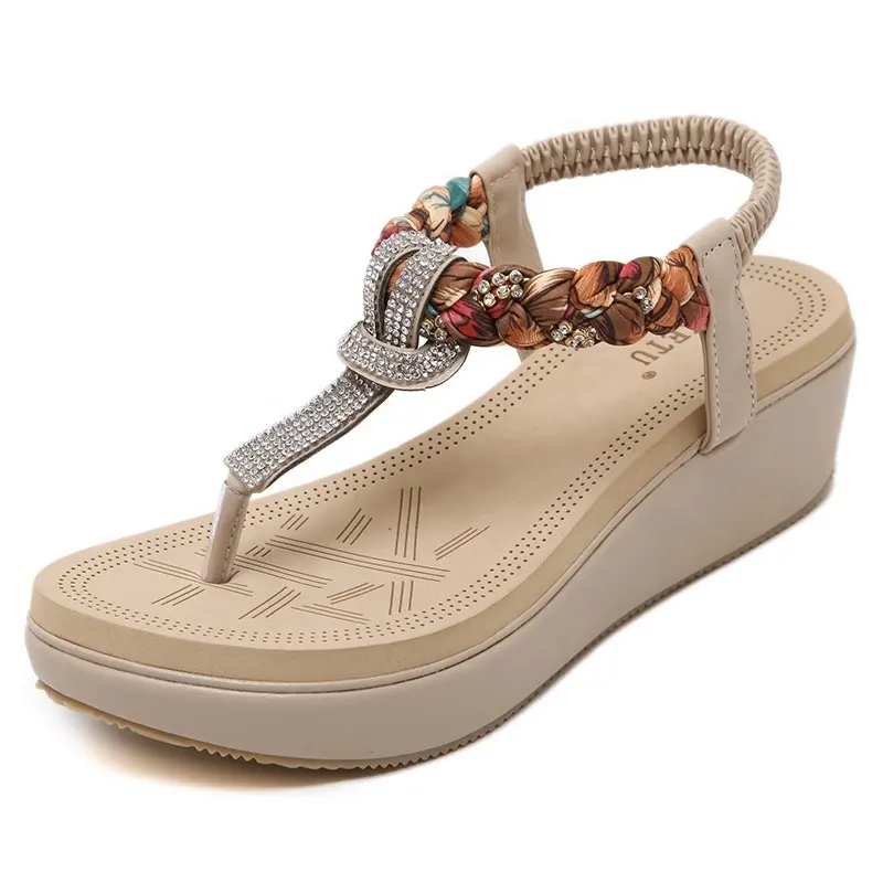 Sommer böhmischen Stil Sandalia Fabrik Frauen Schuhe Strand Mode Strass Keil Tanga Mädchen Dame Sandale Plattform Frau Sandale