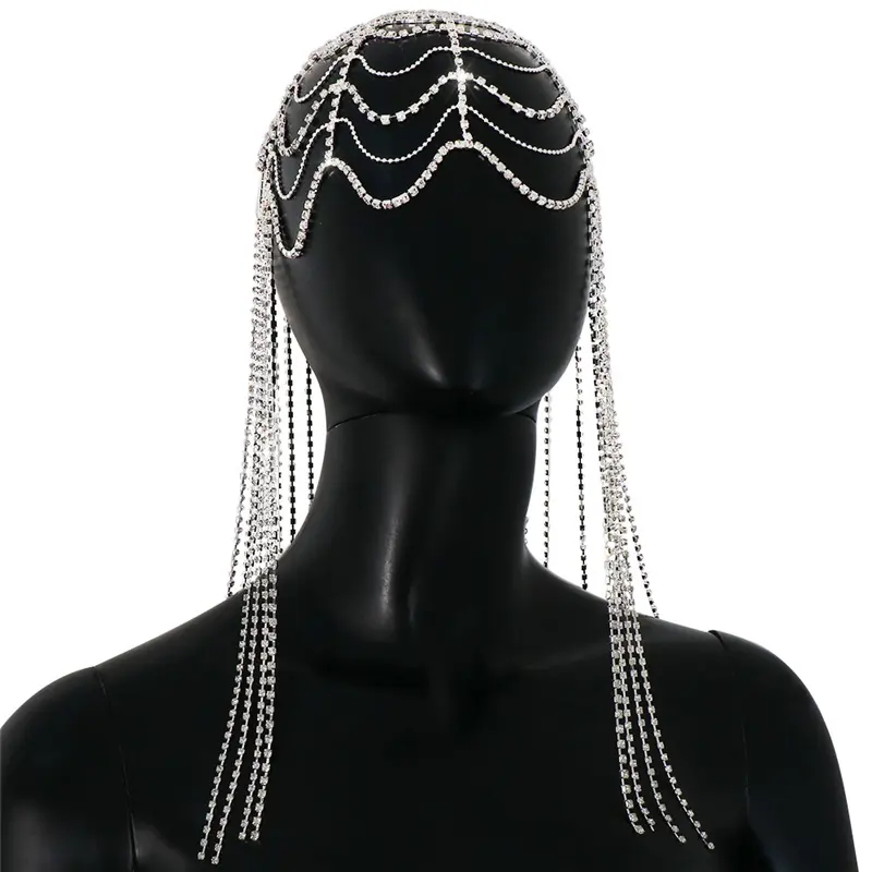 Moda de lujo Romance joyería de boda regalo diadema cadena larga borla gota Rhinestone malla gorra accesorios para el cabello