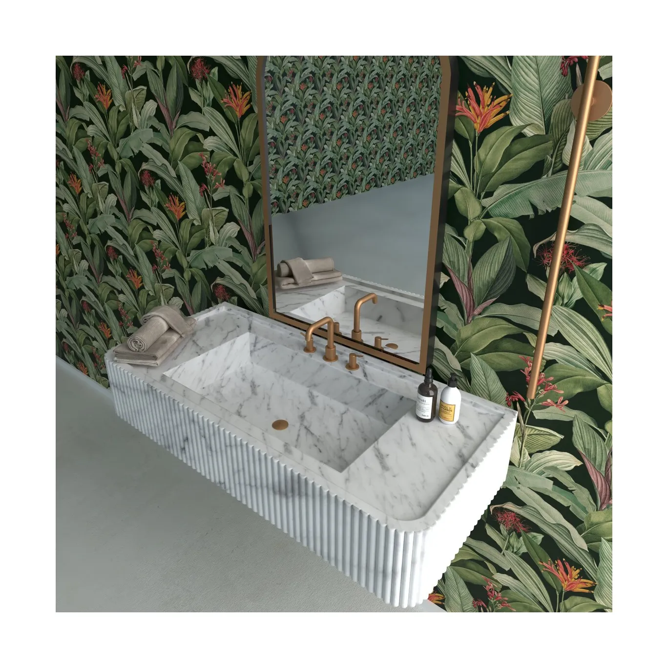 SHIHUI Bathroom Powder Room Vanity Wall Mounted Floating Cararra White Fluted Marble Vanities Bathroom Fluted Single Basin Sink