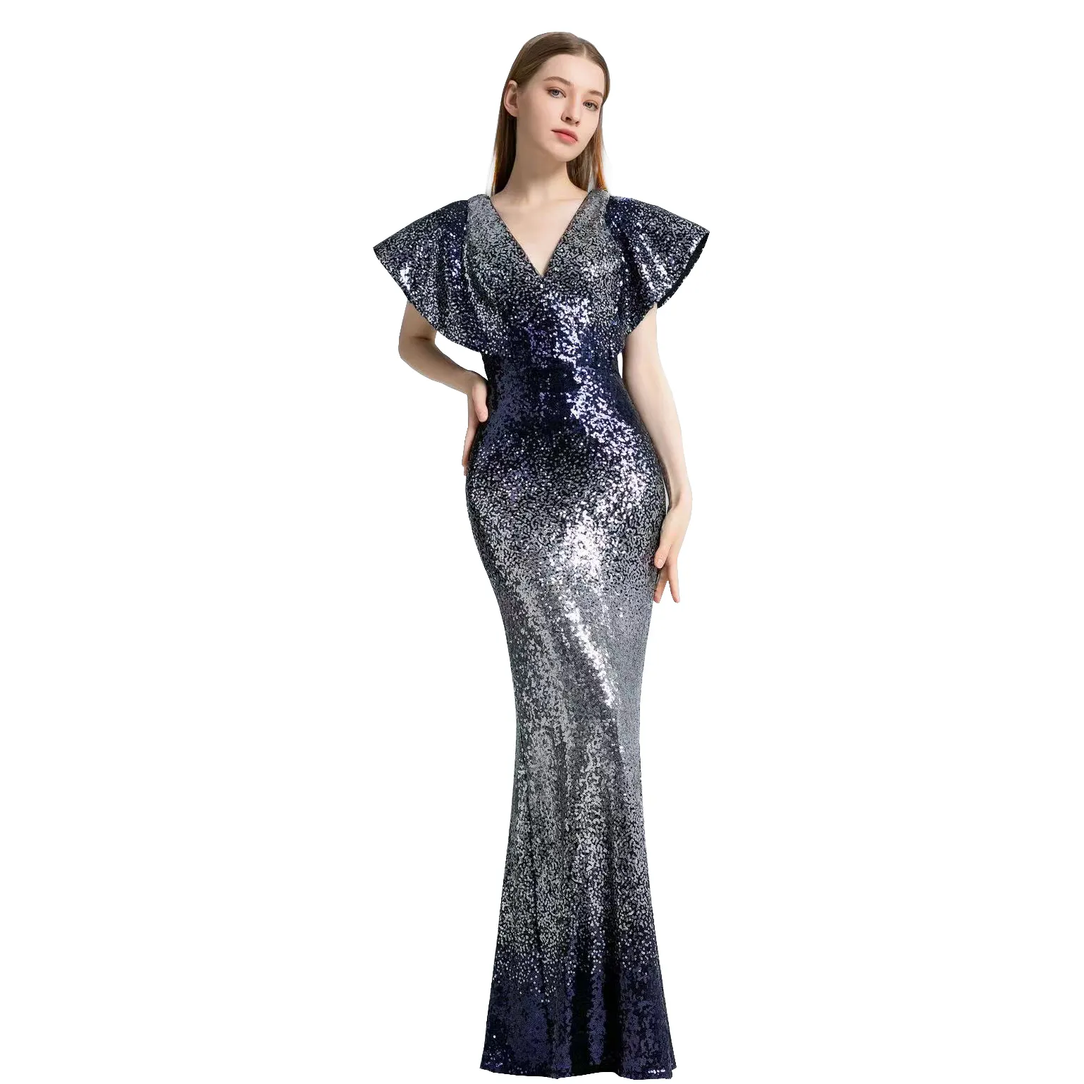 2024 בגדי אופנה חדשים לנשים V צווארון מקסי שמלות ארוכות נצנצים בתולת ים סקסית נשים ליידי שיק יוקרה שמלות ערב אלגנטיות