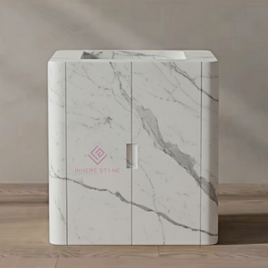 Meuble-lavabo autoportant en pierre de travertin pour salle de bain, design d'angle incurvé pour maison moderne, décoration de maison de luxe - Product Image 3