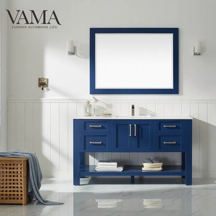 VAMA Factory 60 inch popular design bathroom furniture european vintage solid wood blue bathroom vanity with quartz top 784060