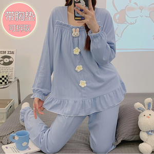 ชุดนอนผ้าคอตตอนแท้สีชมพู m-5XL ชุดนอนชุดนอนชุดนอนสำหรับผู้หญิงชุดนอนชุดใส่ในบ้านชุดนอนครอบครัวแบบถักแบบเรียบยาวน่ารักสำหรับผู้หญิง - Product Image 1