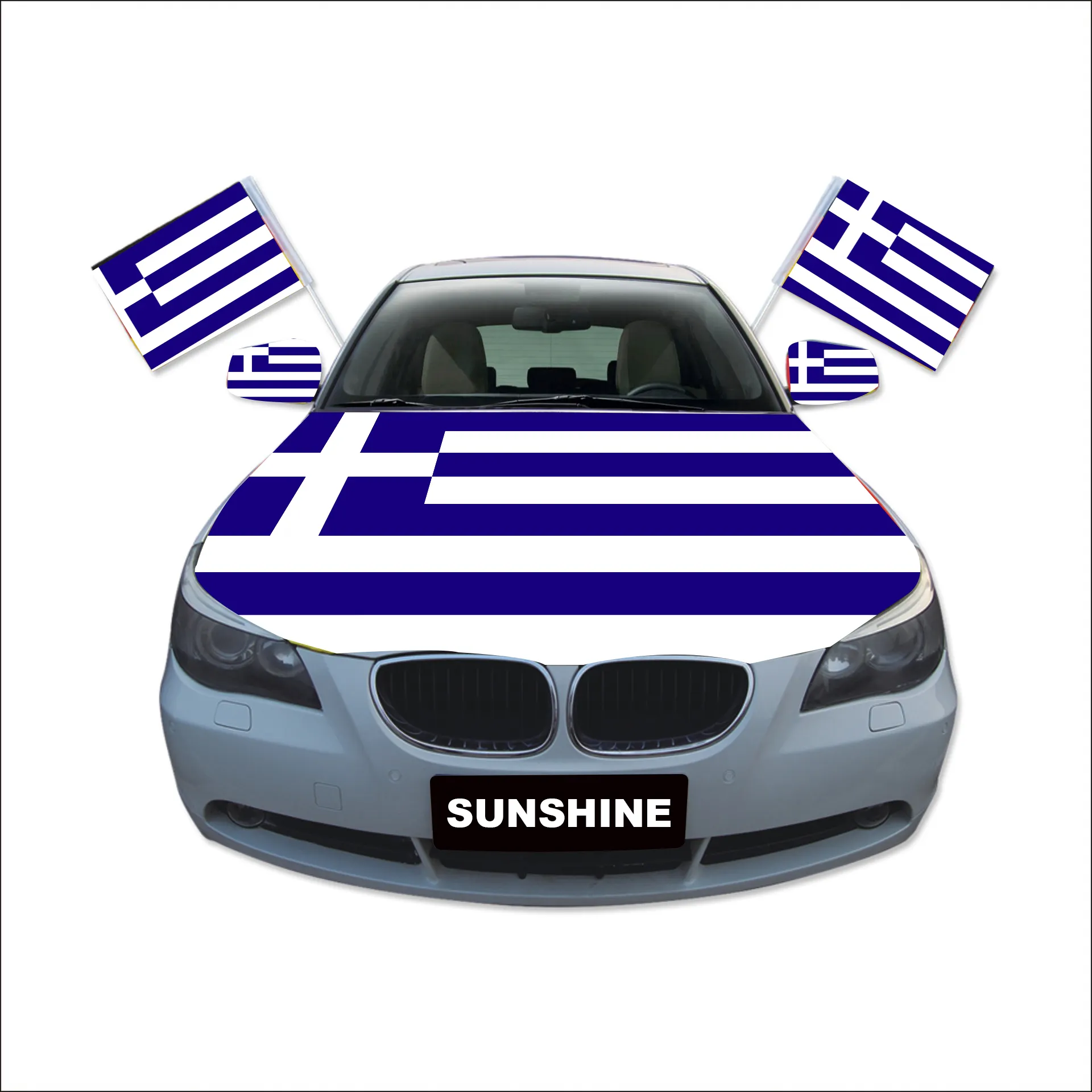 Sol em branco sublimação seu logotipo aqui branco carro Grécia capô espelho janela bandeira com pólo