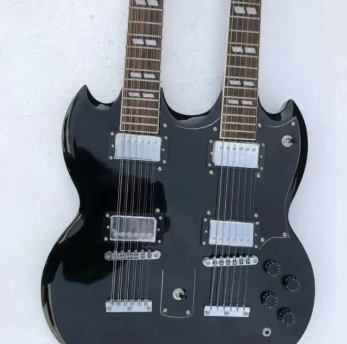 Siyah çift boyun elektrik gitar 12 ve 6 dizeleri yüksek kaliteli gitar seçtikleri markasız taraklı boyun gitar esp ltd yaki