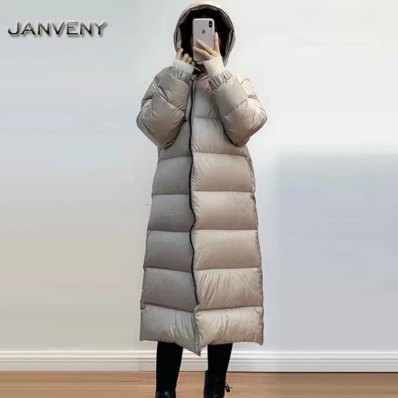 Janveny 2022 High End Witte Ganzendons Jas Vrouwen Over De Knie Verdikte Hooded Losse Lichtgewicht Rits Causale Puffer Jas