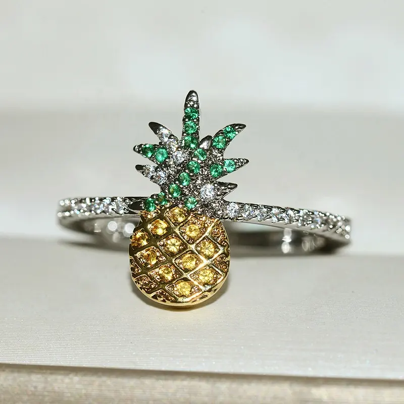 Sveglio di modo di Frutta Anello di Ananas Giallo/Oro bianco di Colore 5A Cubic Zirconia di Modo Delle Donne Dei Monili Del Partito