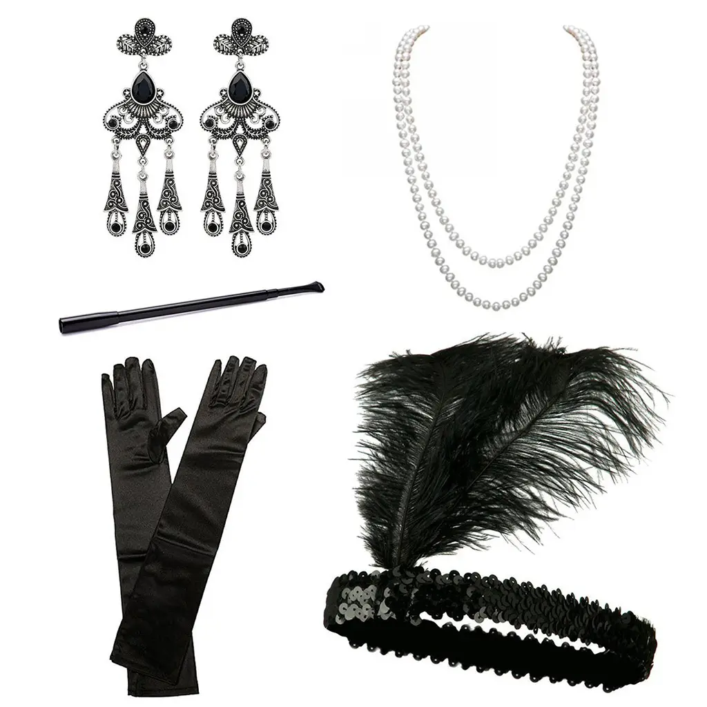 1920er Jahre Damen Vintage Flapper Gatsby Kostüm Zubehör Set 20er Hauptband Perlenkette Handschuhe Zigarettenhalter Anime Ohrringe-Set