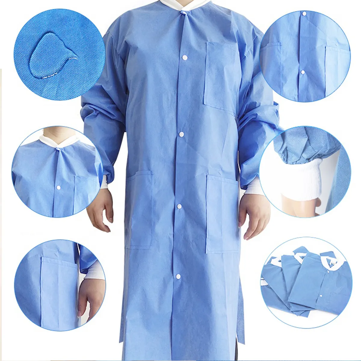 Confortável respirável longo descartável médico laboratório bolso botões Visiting vestido
