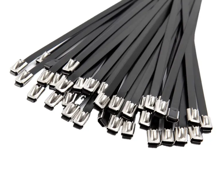 YIKA 4.6" 7.9" 10" 12" 304 Stainless Steel Cable Ties Self Locking Ball Lock PVC Spray Coating in Black Cable Tie