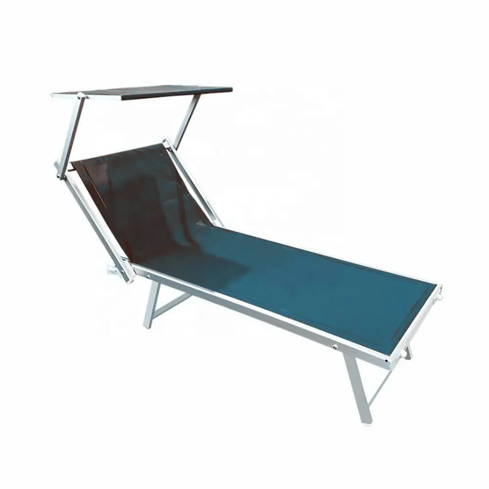 Muebles de ocio al aire libre, cama plegable de playa plegable de aluminio, salón de sol con sombrilla de vela