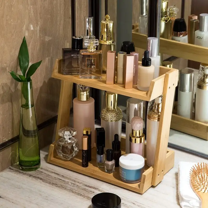Cosmetic Storage Organizer Vanity Dresser Bathroom Counter Organizer For Skincare Perfume Beauty Make Up, Bamboo Makeup Organize