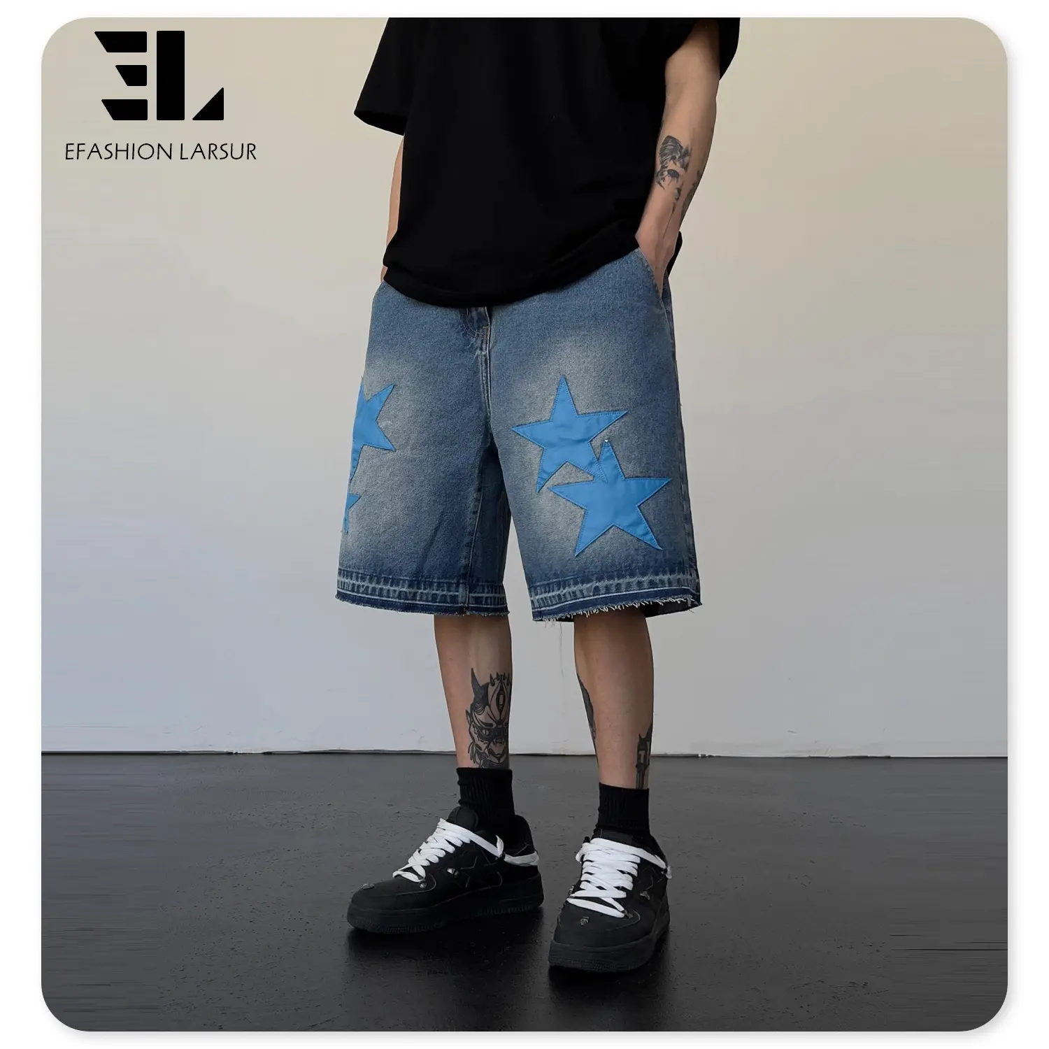 Larsur shorts de denim para homens, logotipo personalizado do oem, bordado com bordados em estrelas, jeans