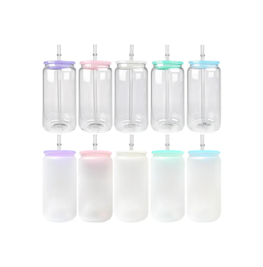 BPA frei geeignet für Vinyl 16oz leeres Glas gefrostet klar gefrostet Sublimation Bierglas mit Kunststoff deckel Für DIY-Druck