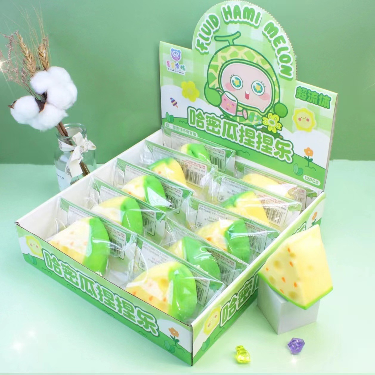 Melón dulce fluido en bolsa con tarjetero, caja expositora de 12 piezas