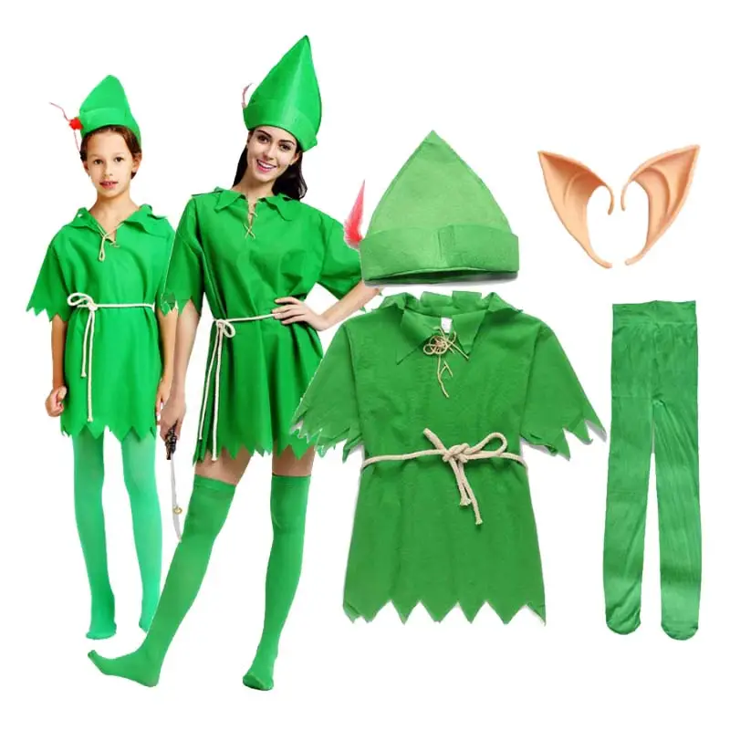 2023 nueva llegada adultos niños niño FIESTA DE Halloween Cosplay elfo verde Peter Pan disfraz con orejas HCTB-037