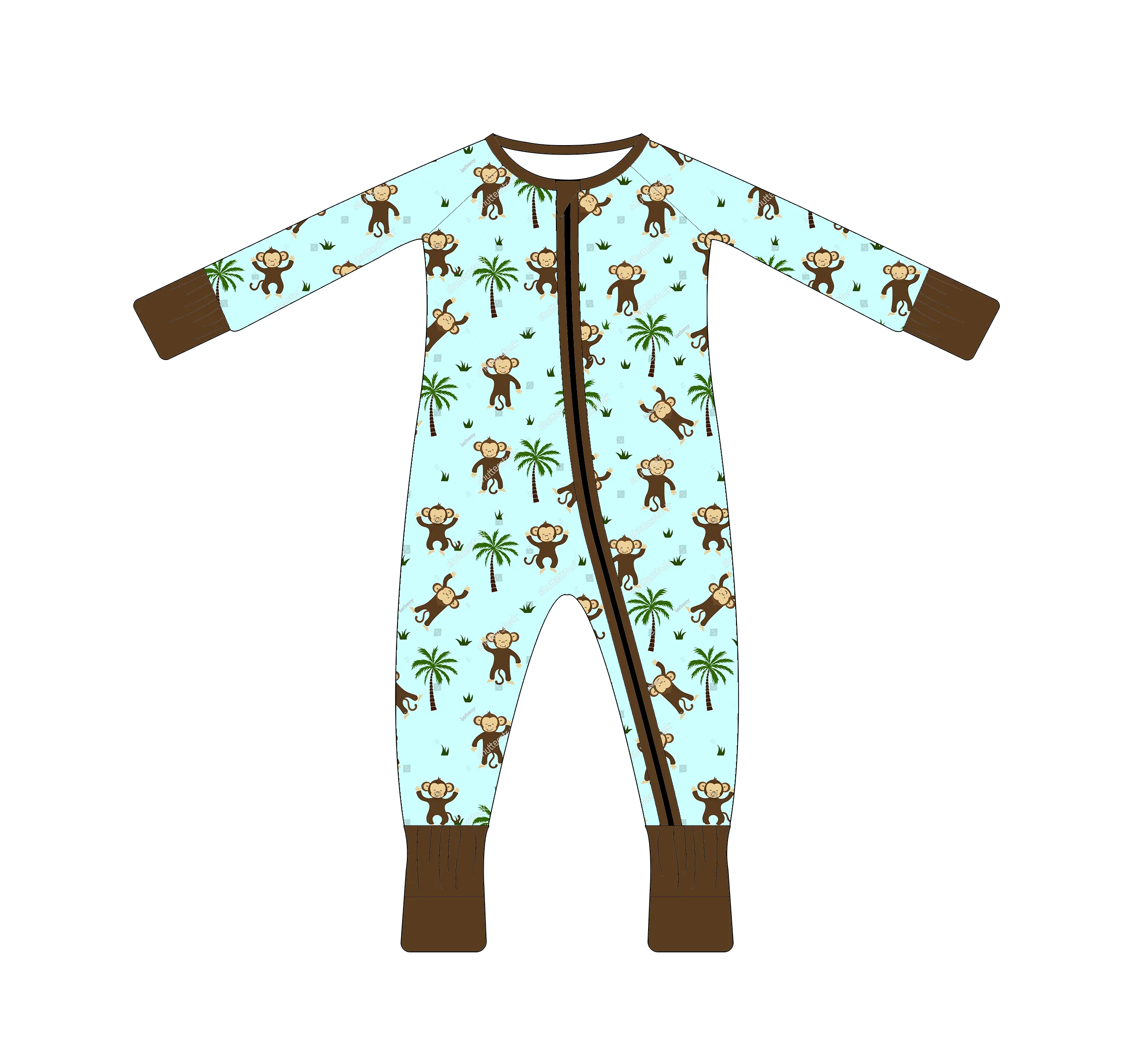 Groothandel Onesie Bamboe Baby Zippy Pyjama Set Fold Over Baby Romper Aap Bedrukt Meisjes Tweedelig