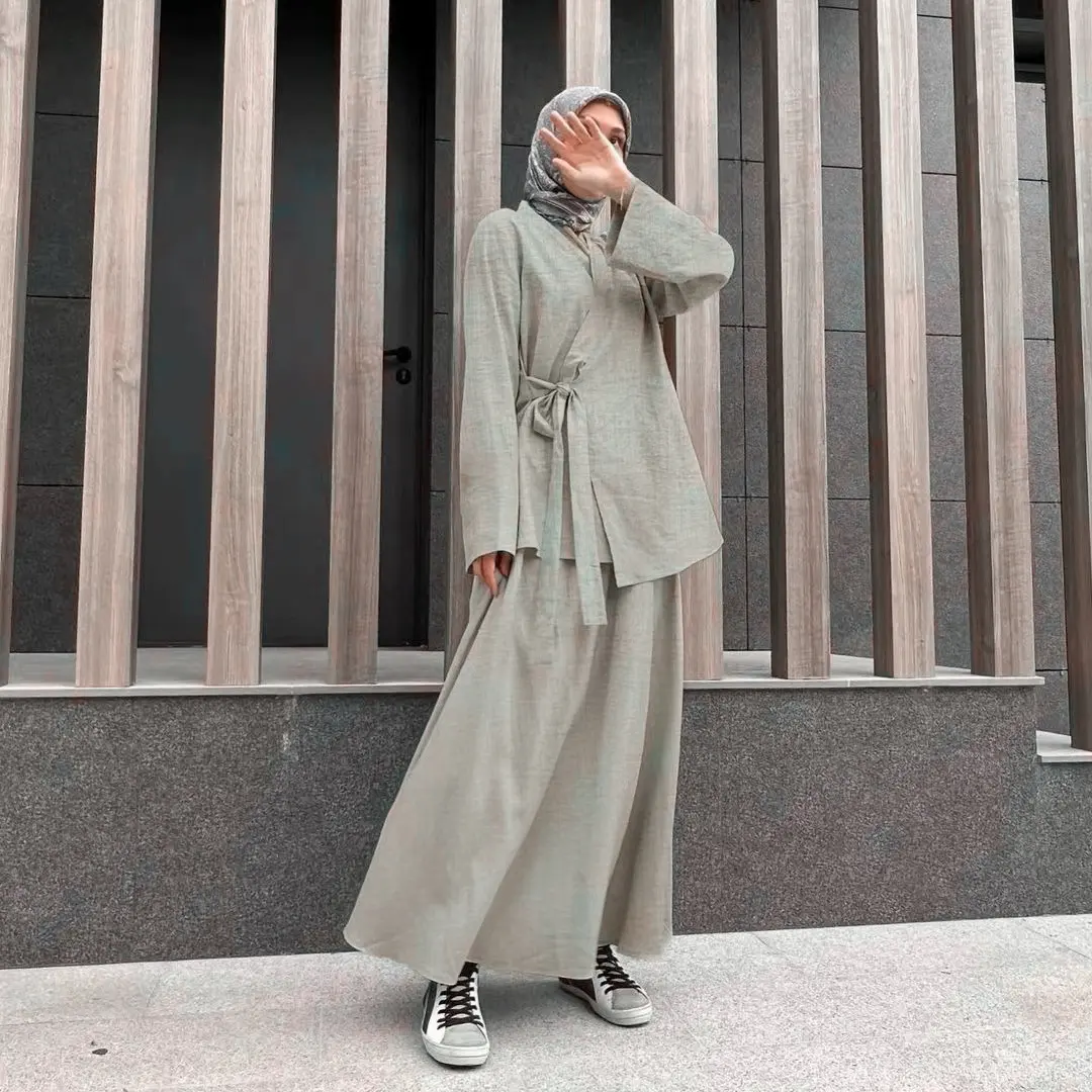 2024 más nuevo vestido abaya musulmán para mujeres 2 uds un Conjunto elegante abaya algodón sensación Dubai Islam ropa