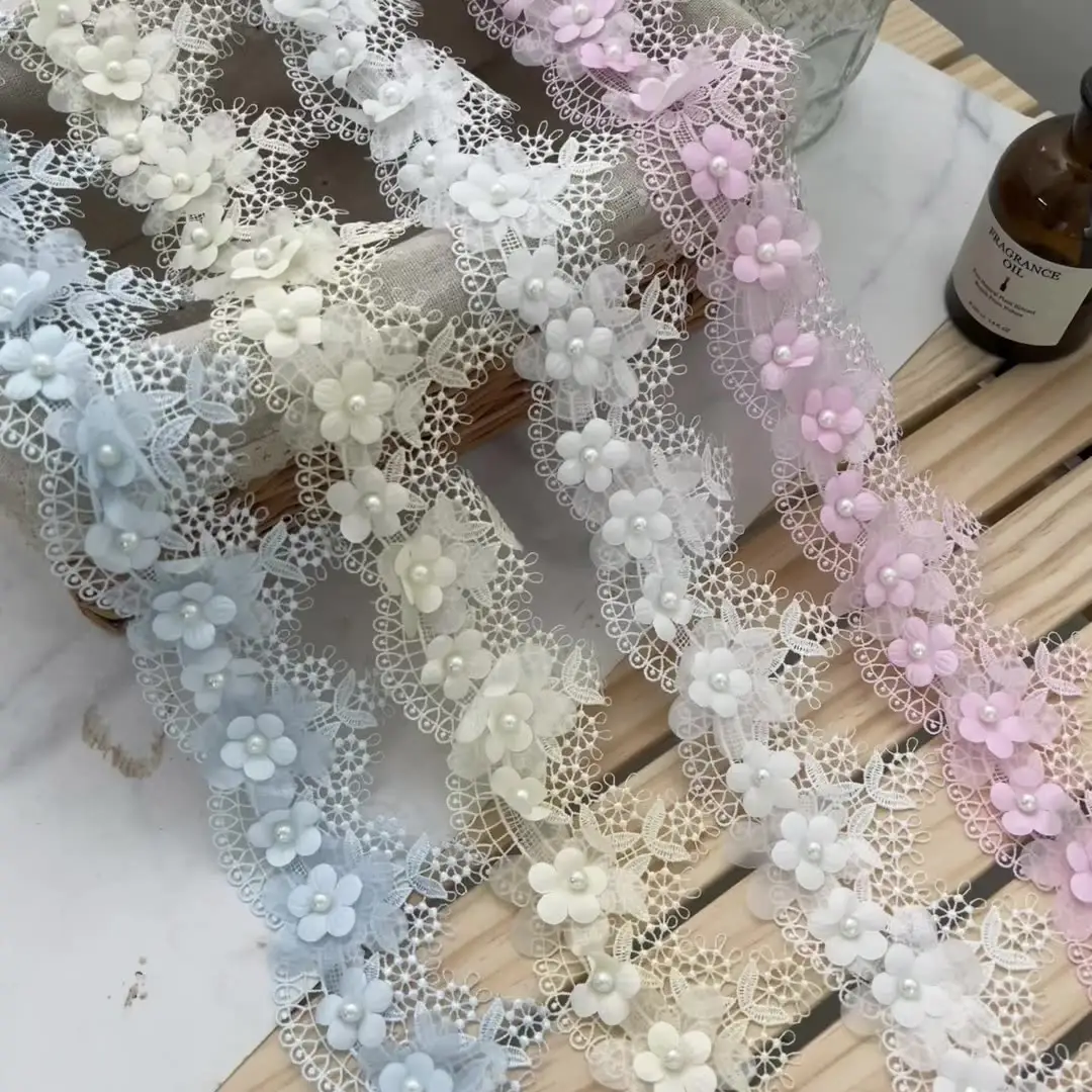 ZSY 7cm nastro di pizzo fiore di poliestere squisito 3d fatto a mano con perline di pizzo perlato per bambini abito da sposa