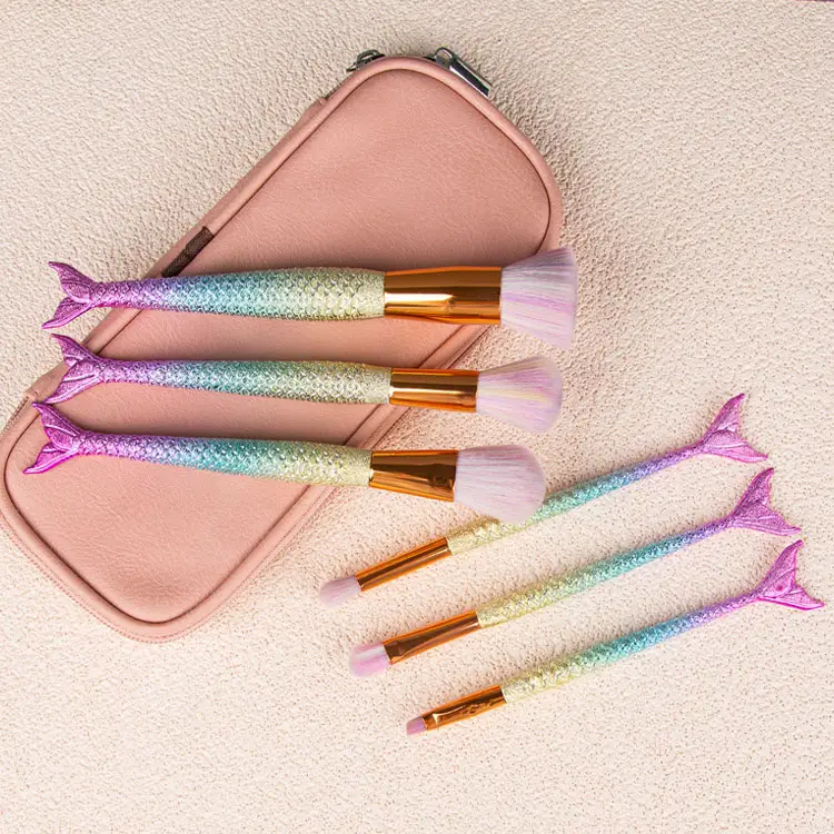 Conjunto de maquiagem de cauda de peixe, 5 peças-conjunto gradiente de cor ferramenta de beleza facial escova de maquiagem de sereia com alça de sereia