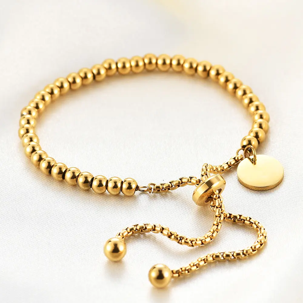 Ins 18K chapado en oro nuevo acero inoxidable Simple moda Hangtag ajustable bola cuenta personalidad pulsera para mujer