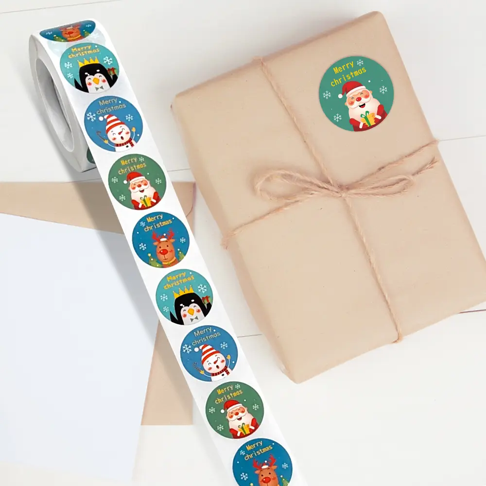 1.5 इंच 500 Pcs खुश छुट्टी स्टिकर अनुकूलित लोगो मुद्रण क्रिसमस स्टिकर रोल स्वयं चिपकने वाला कागज लेबल