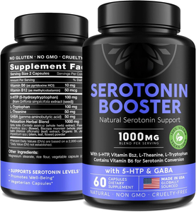 Customized Serotonin Booster <strong>Capsules</strong> with 5-HTP Vitamin <strong>B6</strong> B12 GABA L Theanine L Tryptophan for Serotonin Conversion - Product Image 1