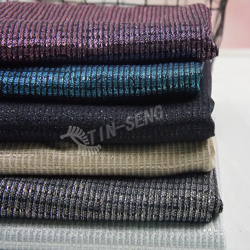 Logam Rajutan Lurex Plaid Mengkilap Jersey Fabric untuk Garment Tekstil