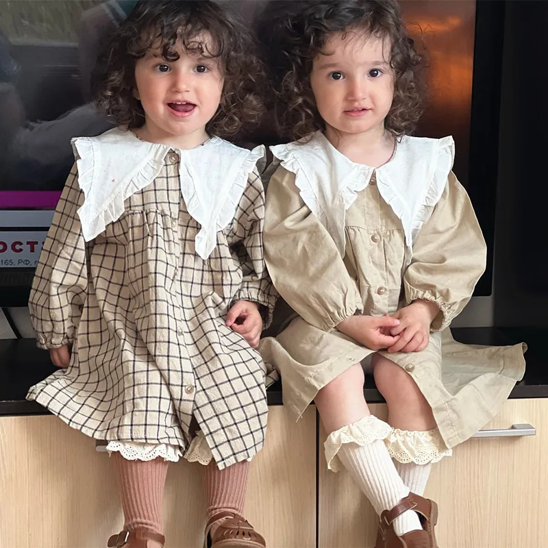 Gaun Bayi Perempuan Gaun Kotak-kotak Kasual Musim Panas 2023 Baru Gaun Putri Gadis Linen Katun Korea Gaun Kerah Lipat Besar