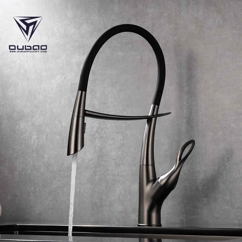 Buen Precio 360 rotación sola manija lavabo cuello largo sentido táctil de manguera de silicona pistola negro grifo de cocina