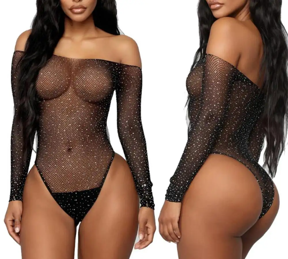 2021 transparente tentação body malha pura mulher, transparente brilhante lantejoulas arrastão mulheres lingerie sexy