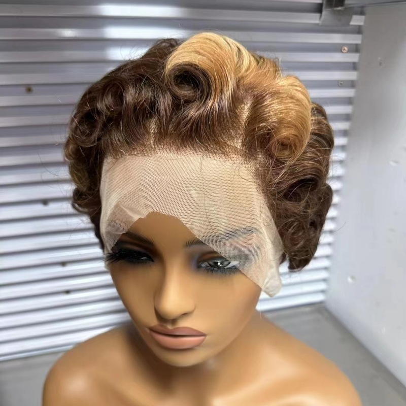 Ombre 4/27 13X4 bouclés Pixie coupe perruque