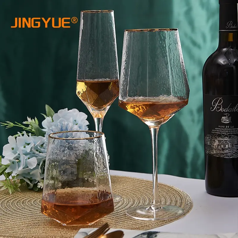 Jingyue 17oz senza piombo cristallo trasparente stelo lungo martellato oro rifinito geometria diamante bicchiere da vino rosso