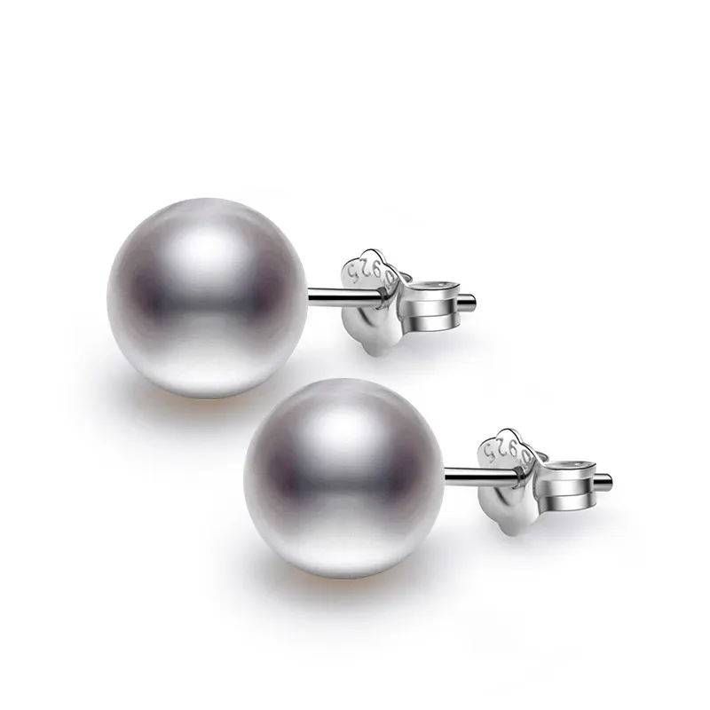 Hot Sale S925 Silver Big Pearl Stud Earrings Natural Gray Purple round Studs for Women Classic Style Wedding Engagement Party