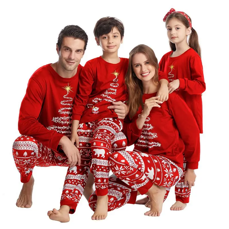 Ensembles de pyjamas de famille PJ's de Noël avec lettre et t-shirt à manches longues imprimé à carreaux et bas pyjamas de Noël