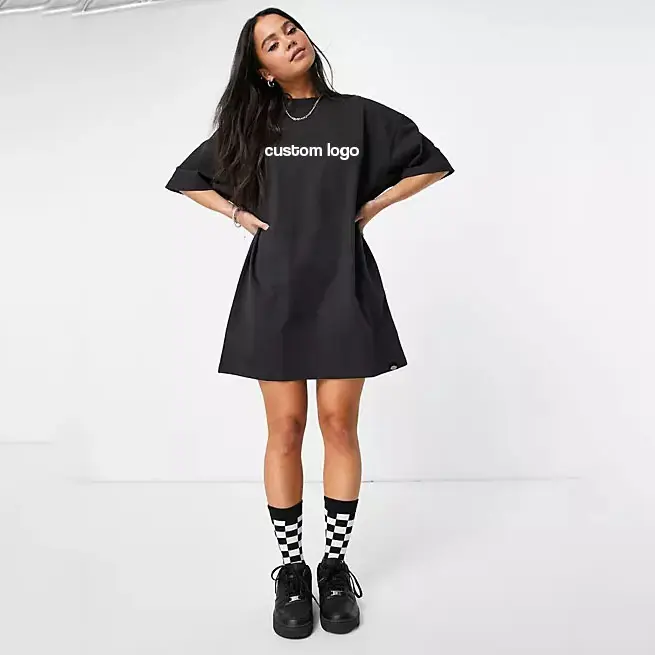 Toptan Hip Hop sokak giyim boy kadın T Shirt elbise marka sizin Logo özel T Shirt elbise kadınlar için