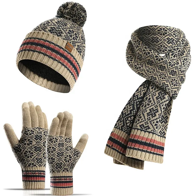 Gants chaud en acrylique,, pour l'hiver, chapeau Jacquard tricoté, écharpe, set