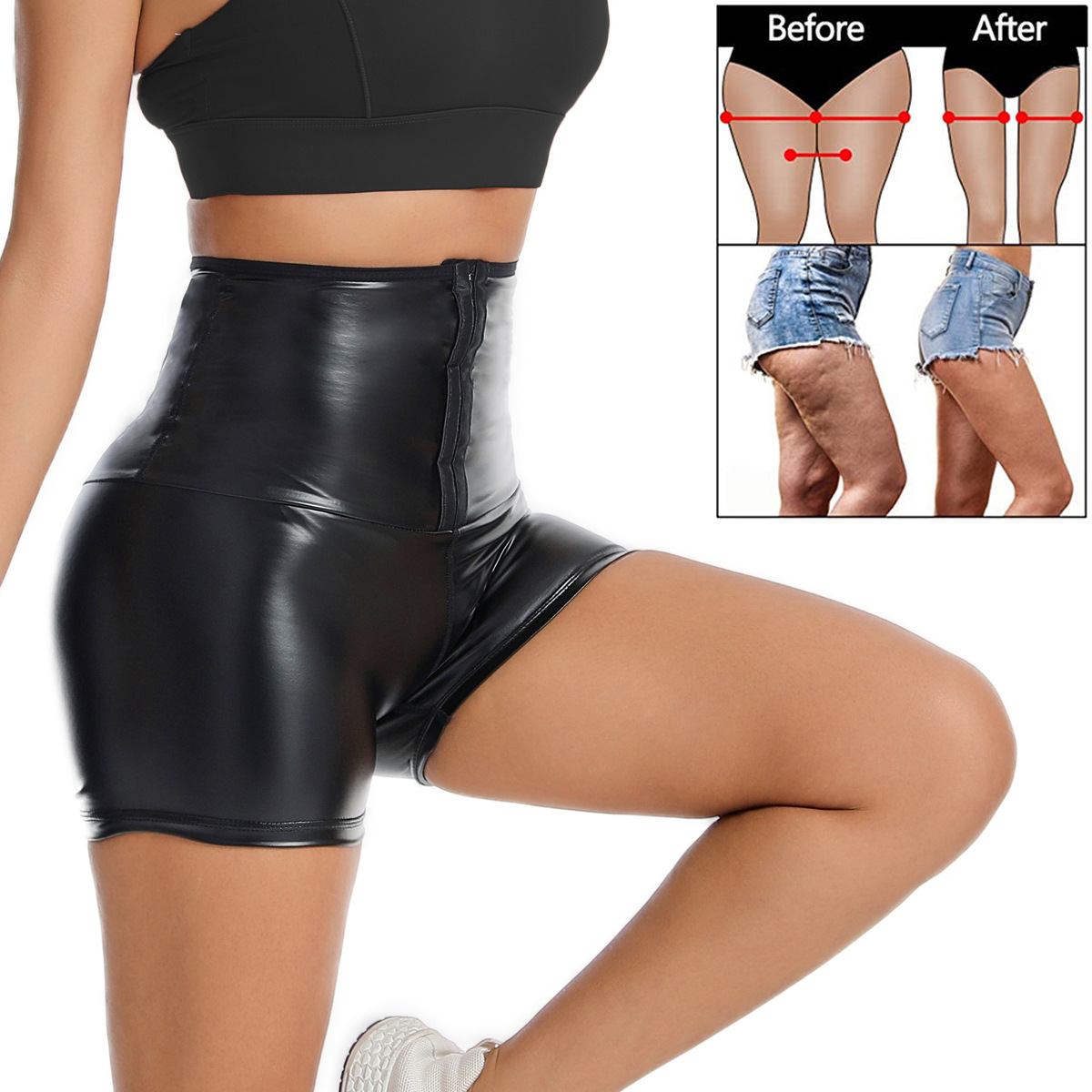 Black leather buttoned three-quarter pants