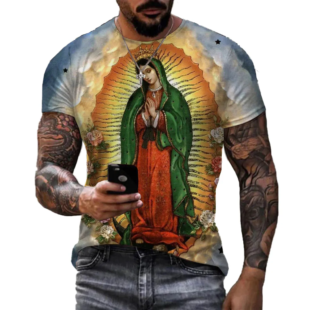 Alta calidad Guadalupe Virgen María gráficos católicos 3D impreso eslogan diseño camiseta hombres moda Casual Oversized Tops
