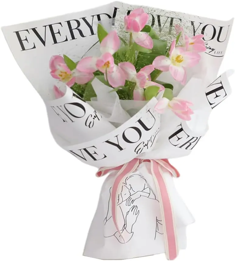 Buquê de flores de floristas com estampa personalizada para presente, buquê de papel de embrulho de luxo coreano à prova d'água para presente branco