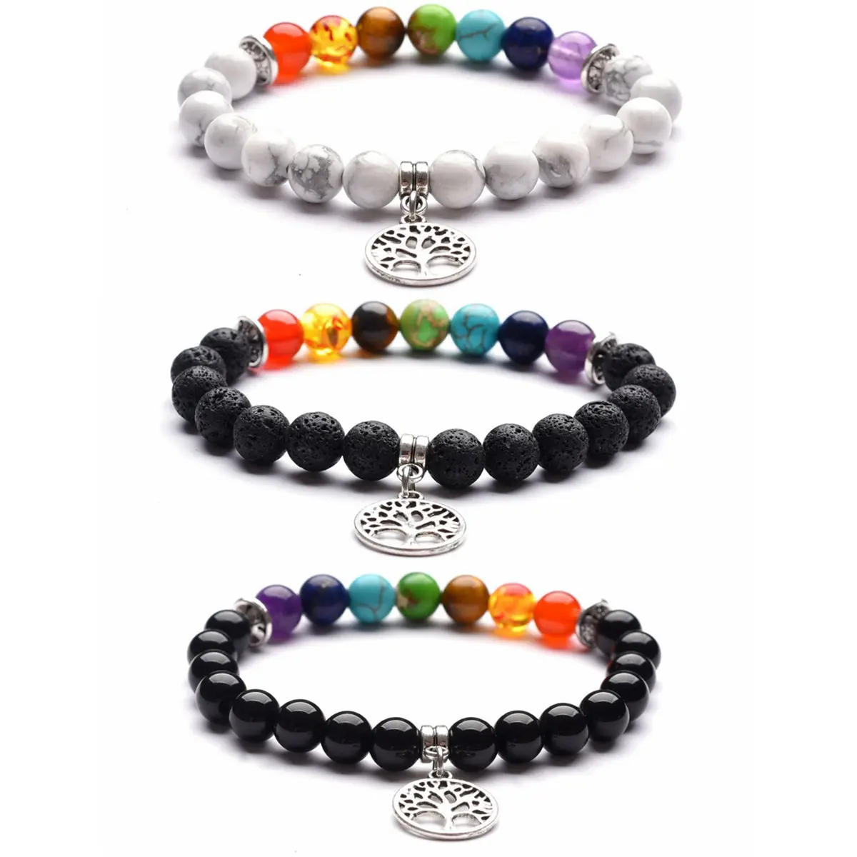 Pulsera budista de 7 Chakras, pulsera de piedras preciosas naturales ajustable con colgante de árbol de la vida de aleación, el mejor regalo de amistad