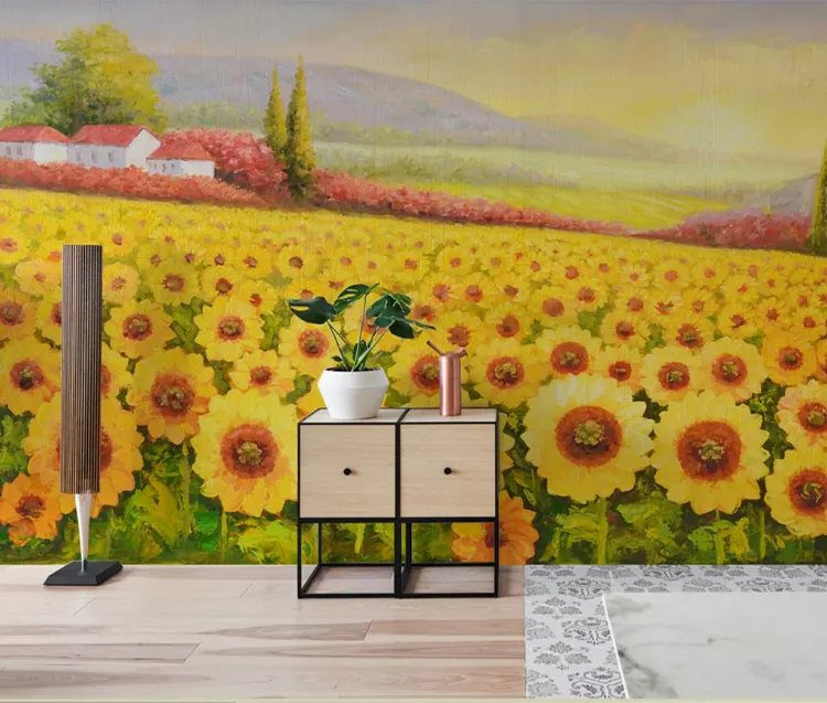 High Definition Giant Mural Wallpaper 3d Sun Flower Field Beautiful Oil Painting Art Wallpaper Decor