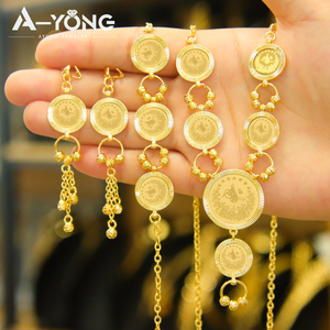 Set di gioielli in oro 21k di lusso in stile arabico classico Set di collana da donna moneta turca di alta qualità per la festa di nozze - Product Image 3